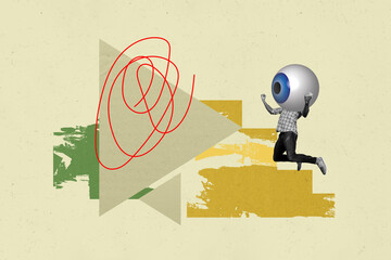 Composite photo collage of guy jump instead head human realistic eyeball supervision stare observe...