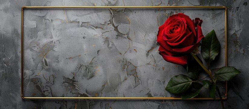 A stunning red rose displayed against a golden frame with a backdrop of neutral gray concrete incorporating text space in a top down view Minimalist style with a holiday and floral theme evident in t