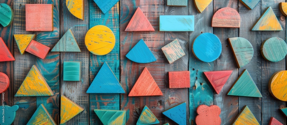 Poster bird s eye view of a wooden backdrop adorned with diverse colorful shapes ideal for incorporating te