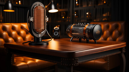 A Vintage Microphone and a Small Barrel-Shaped Device sit on a Wooden Table in a Dimly Lit Room with a Leather Armchair in the Background