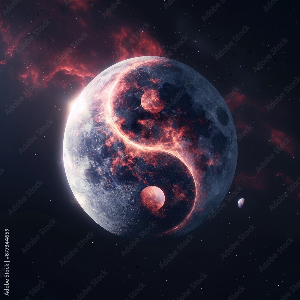 Poster ying yang sign. twin flame yin yang symbol floating in space with isolated black background