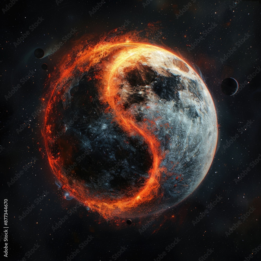 Poster ying yang sign floating in space with planets and stars in the universe