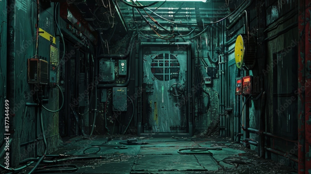 Poster an old ancient building used as a cyber lab. a futuristic image for futuristic backgrounds. a view o
