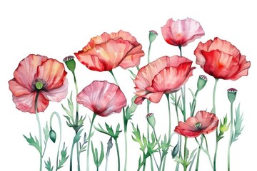 Watercolour Poppy. Hand Drawn Red Poppy Flowers in Natural Spring Field
