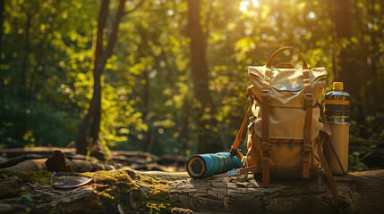 Leather travel bag situated amidst a lush forest