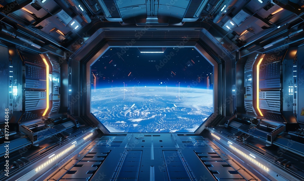 Poster this is a 3d rendering of a white spaceship interior with glowing blue and red lights. an earth-view