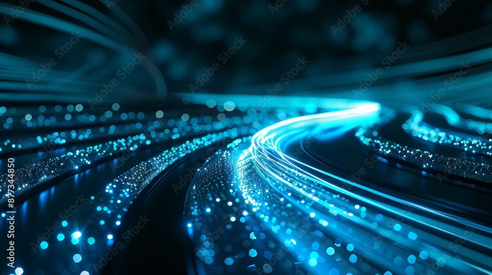 Poster the background features an abstract digital flow, colored light trails, and bright particles. the ba