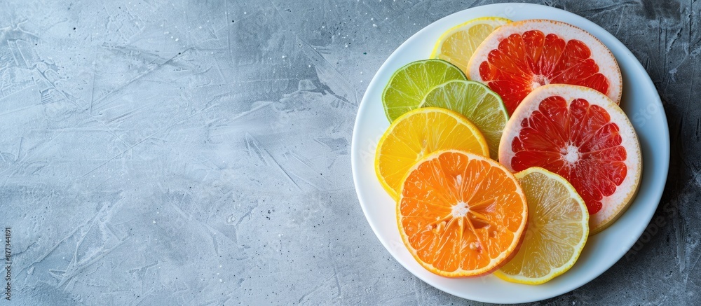 Poster a variety of citrus fruit slices including oranges lemons limes grapefruit and pomelo arranged neatl