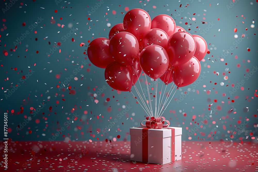 Poster a box of red balloons with a red ribbon is on a table