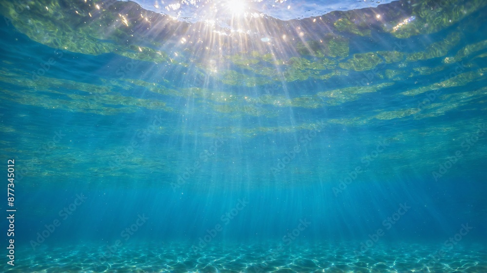 Poster a peaceful underwater scene bathed in warm sunlight filtering through the surface. gentle ripples on