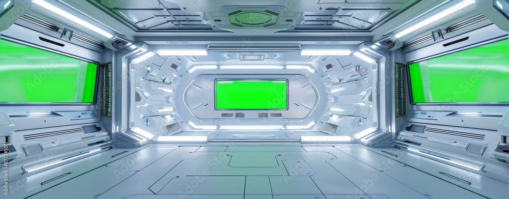 Poster 3d rendering of white spaceship interior with blue and red control panels and empty view.