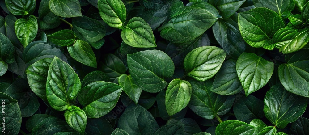 Poster nature pattern background with a close up of green leaves against a dark tone backdrop ideal for cop