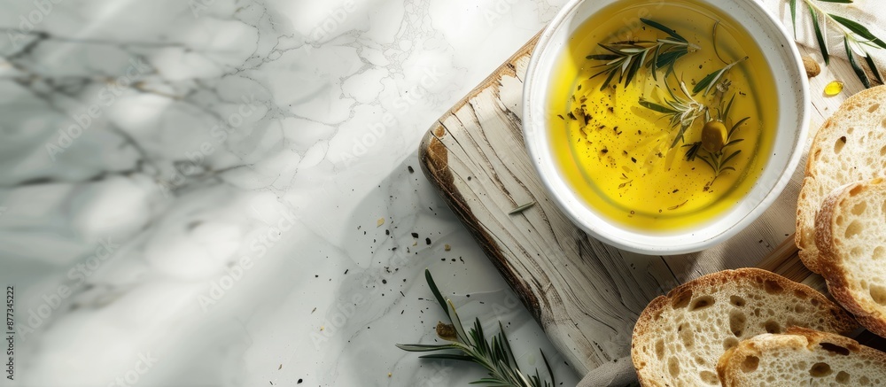 Poster White wooden background with a bowl of delicious olive oil and bread showcasing copy space image