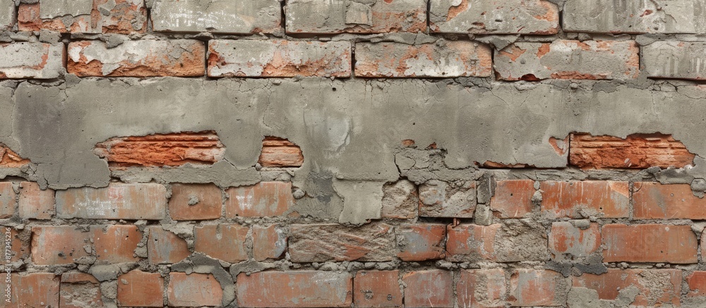 Poster front view of a concrete wall texture with a stack of clay bricks providing ample copy space for you