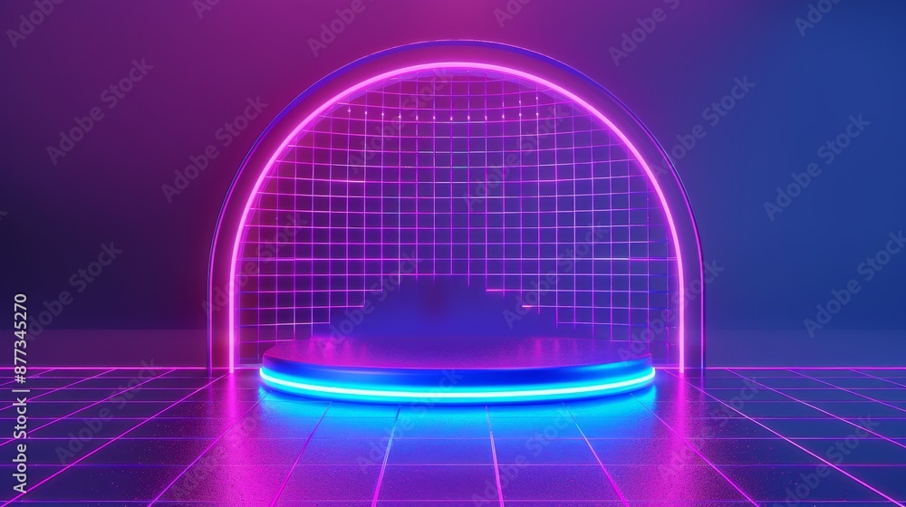 Poster stage with empty products. neon lights on the stage. place for presenting a product in retro sci-fi 