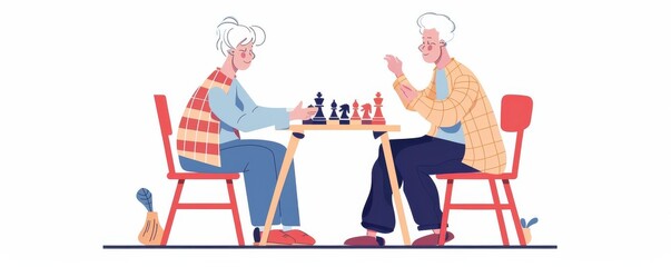 Two elderly men playing chess in a room with a view of the mountains.