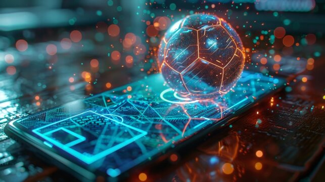 Futuristic Digital Soccer Ball Over Smartphone - Generative AI