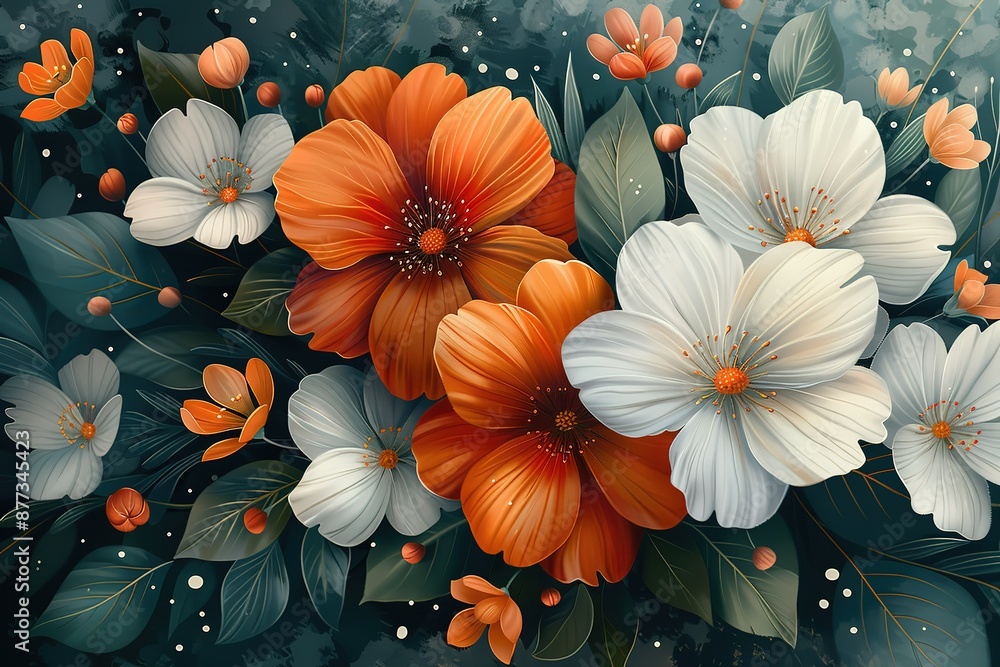 Wall mural A painting of a bouquet of flowers with orange and white flowers