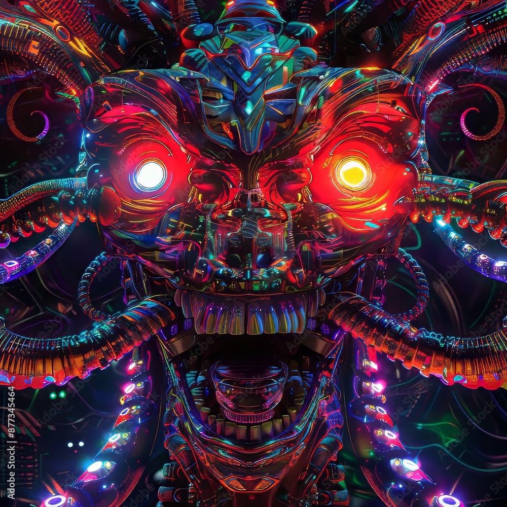 Poster 3d illustration of a screaming cyberpunk robot skull connected to computer chips