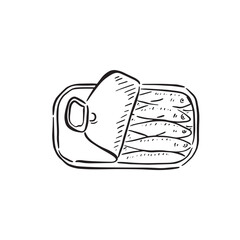 Sardines in a tin. A black and white line drawing of five sardines in a tin with the lid peeled back. Drawn by hand and vectorised.