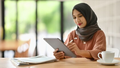 Woman in Hijab Using Tablet in a Cozy Cafe