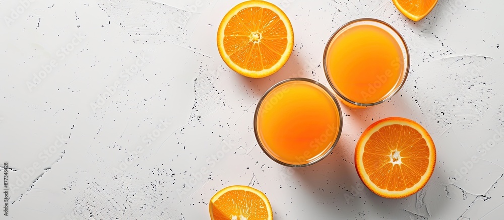 Poster two glasses filled with freshly squeezed orange juice on a white backdrop with copy space image