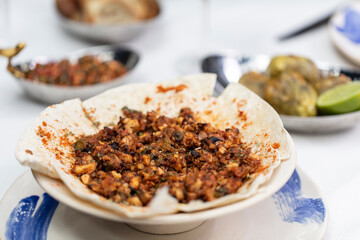 Spicy appetizer. Traditional Turkish and Arabic cuisine meze. Snack meal served alongside the main course. Natural vegetarian food. Bulk appetizer plates.. mezeler