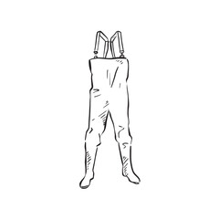 A line drawn illustration of a pair of fisherman's waders. Black and white hand drawing.