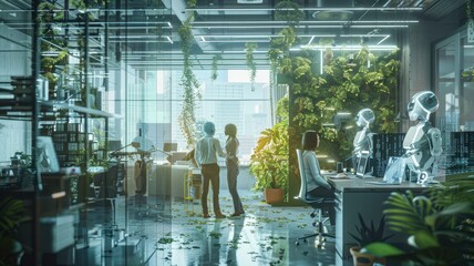 A busy, modern office where sleek AI assistants with holographic interfaces help with data analysis and communication. Humans focus on creativity and strategy in an open, airy space with natural light