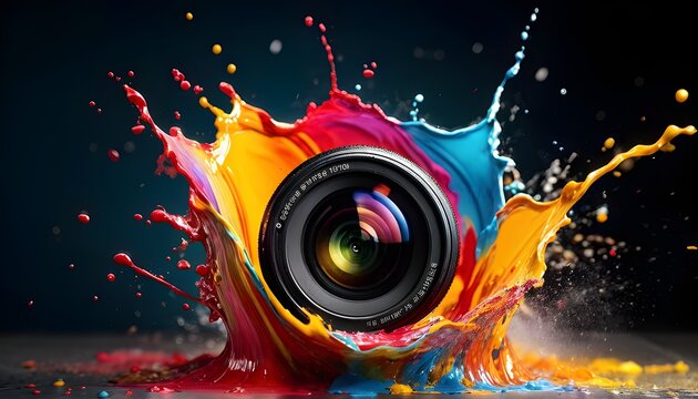Vibrant camera lens with colorful splashes in dramatic studio lighting. Generative AI
