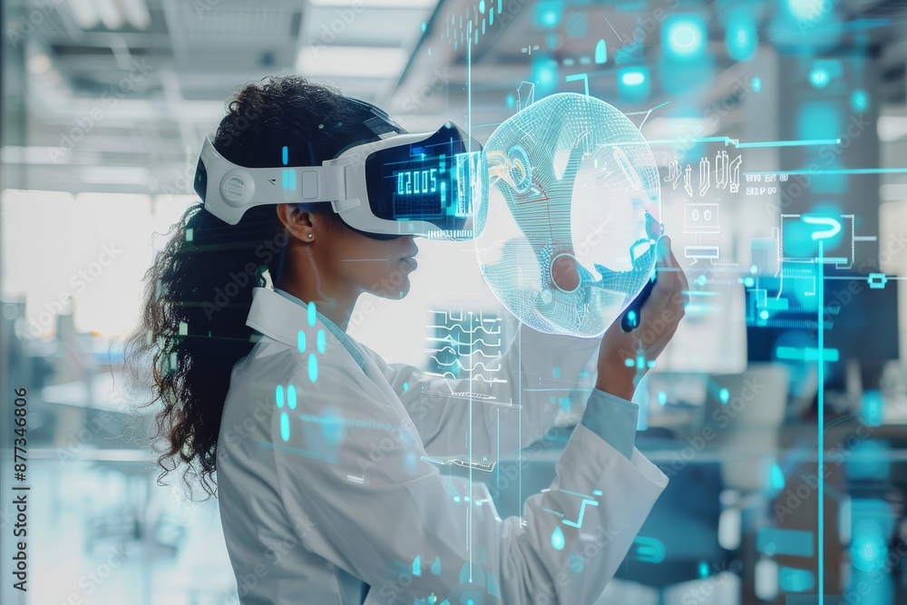 Aufkleber digital innovation in the future of science. a vr hologram and scientist with futuristic data in a b