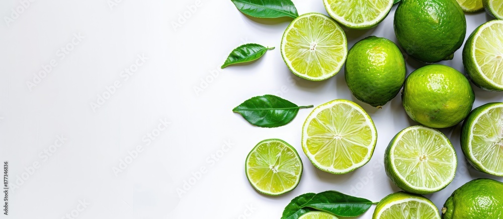 Aufkleber ripe green limes sliced on white canvas background creating a copy space image