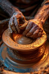 Close-up of Skilled Potter's Hands Shaping Clay on a Pottery Wheel in Warm Lighting