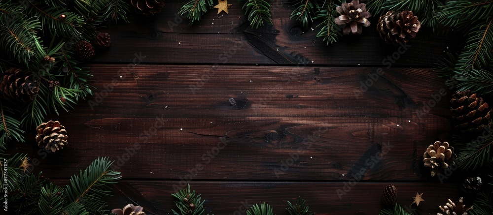 Poster dark wooden background with branches bumps and a christmas frame creating a charming composition wit