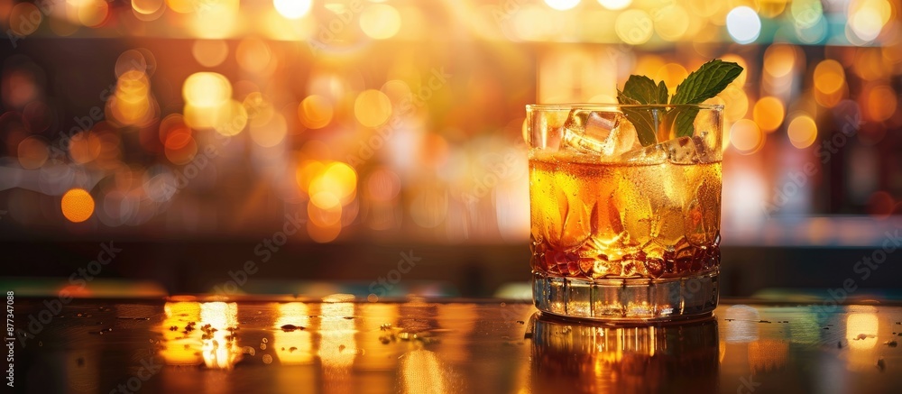 Poster a cocktail displayed on a bar counter against a bar background with copy space image