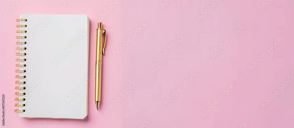 Poster back to school concept with a golden pen and white spiral notebook arranged on a delicate pink backg