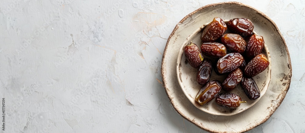 Poster medjool date fruit displayed on a white background on a rustic serving plate creating an isolated co