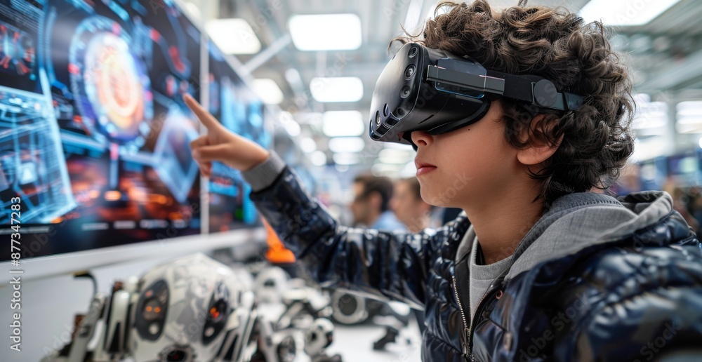 Poster young boy using vr headset to interact with virtual technology in a futuristic setting