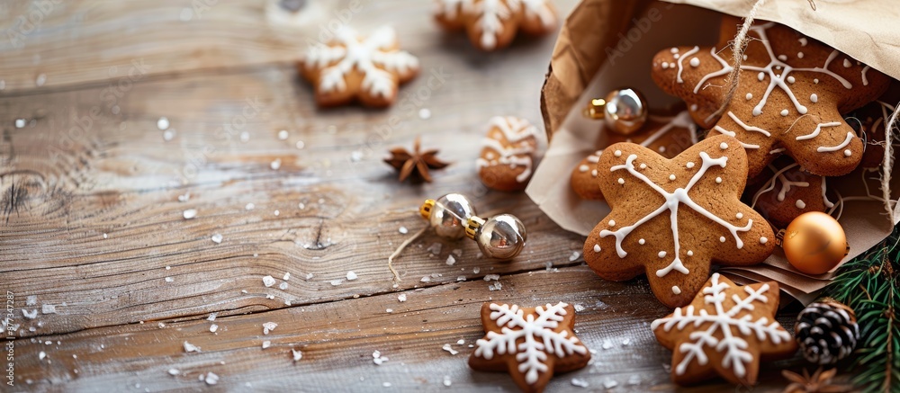 Poster Christmas gingerbread cookies in a paper bag decoration on a light wooden backdrop with copy space image