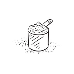 A line drawn scoop of protein powder or supplement. Drawn by hand in a sketch line drawn style.