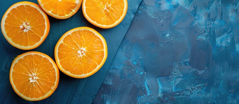 Halves of oranges neatly arranged on a blue board with copy space image
