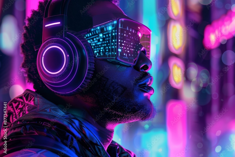 Poster using neon light, a man is seen in cyberpunk attire with a headset. a futuristic, high-tech man from