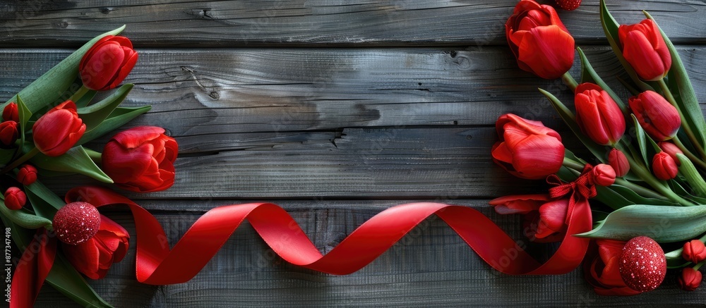 Poster top view of red easter eggs and tulip flowers are displayed on a wooden surface with a red ribbon pr