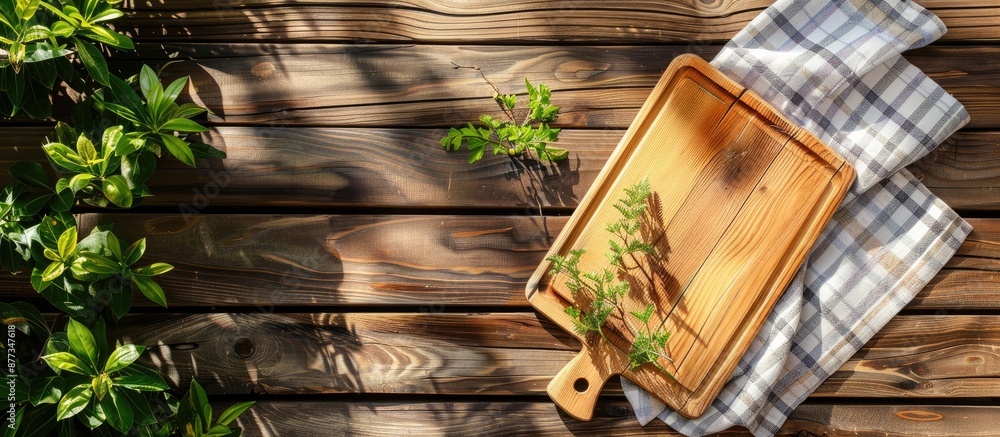 Aufkleber top down view mockup featuring a cutting board tablecloth and napkin on a wooden deck table with amp