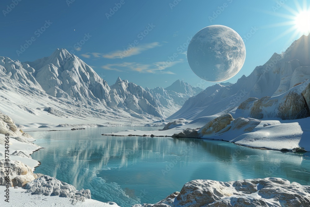 Poster stock generating a landscape from deep space in winter, alien planet in deep space