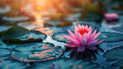 Pink Water Lily on a Pond at Sunset