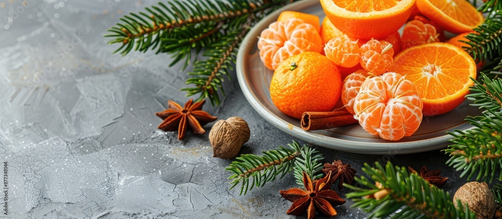 Canvas Prints Plate of fresh mandarins with festive spices and fir tree branches on a gray backdrop perfect for a copy space image