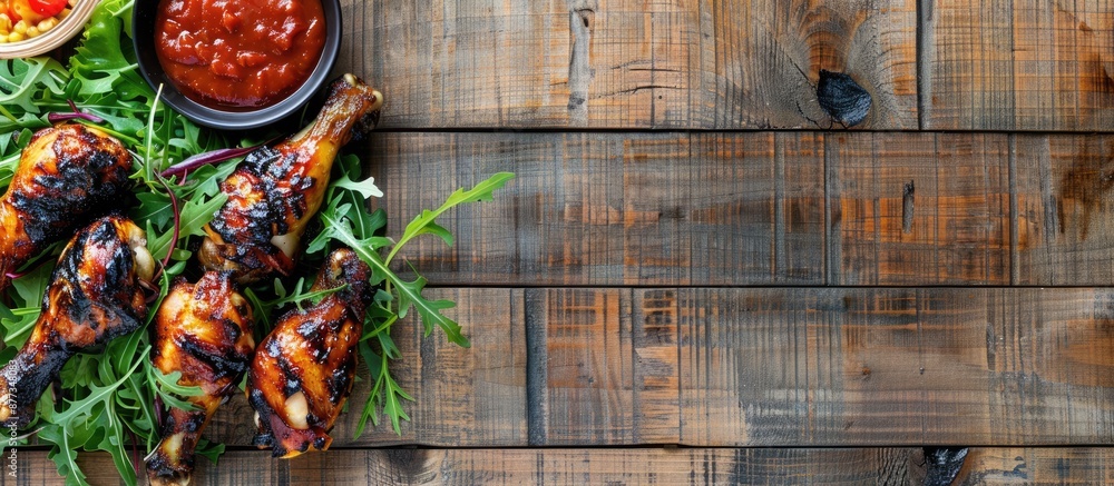 Poster top view of a roasted spicy chicken drumstick served with salad and sauce on a wooden backdrop with 