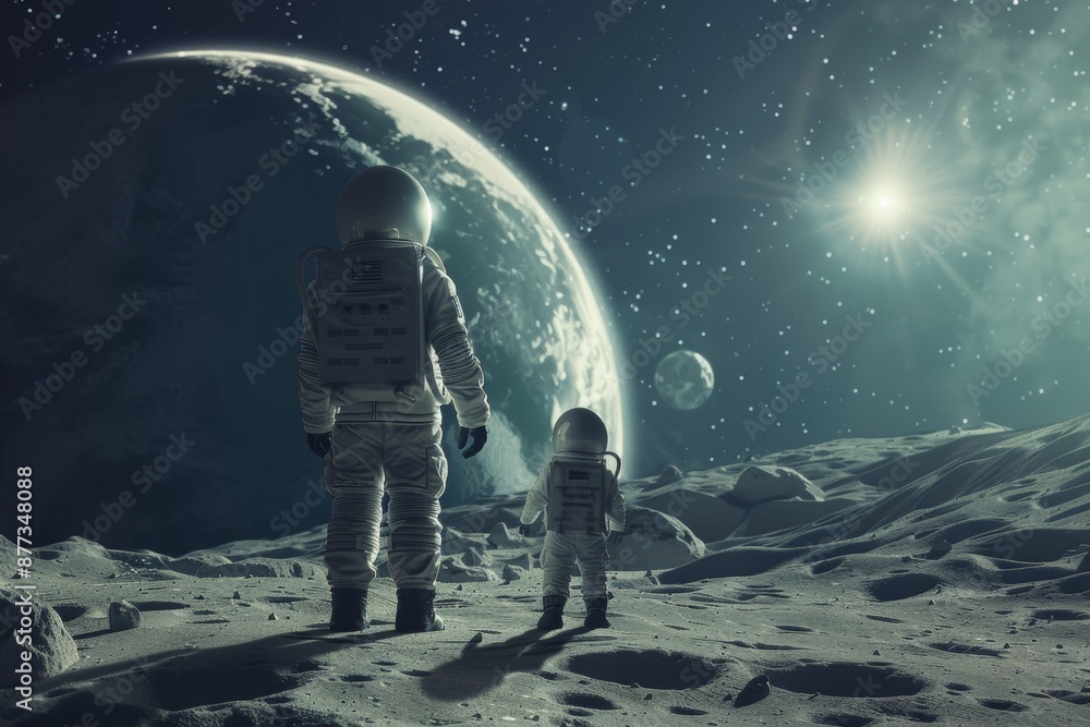 Poster a father and son astronaut exploring space in space suits on an unknown planet. featuring generative
