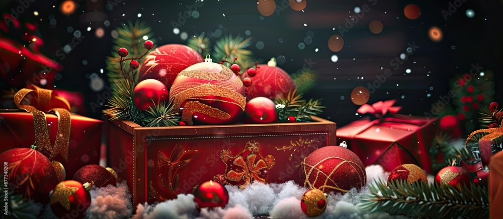 Poster image of a christmas box adorned with red christmas balls gifts and trinkets. copy space image. plac